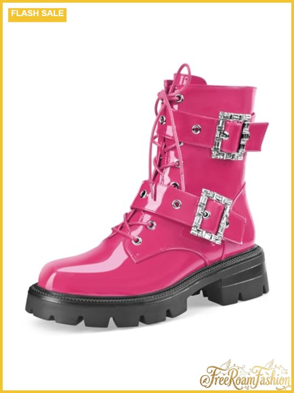 Women's Patent Leather Platform Heel Combat Boots Ankle Booties
